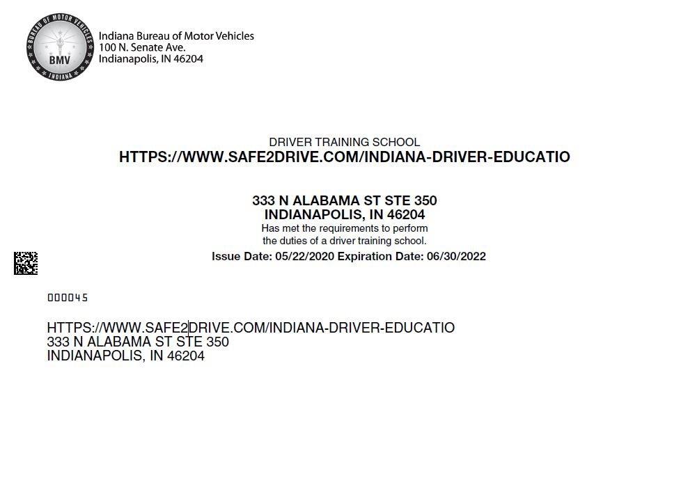 Indiana Bureau of Motor Vehicles Driving School License